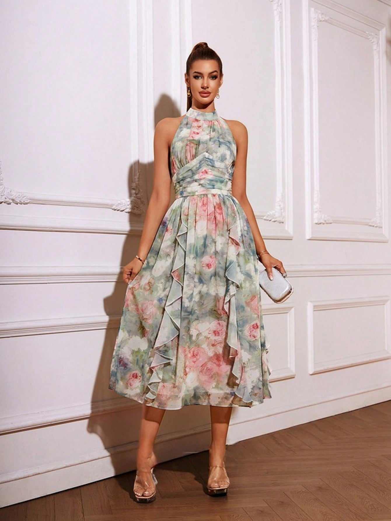 A-Line Halter Tea-Length Chiffon Cocktail Dress With Floral Print Ruffle