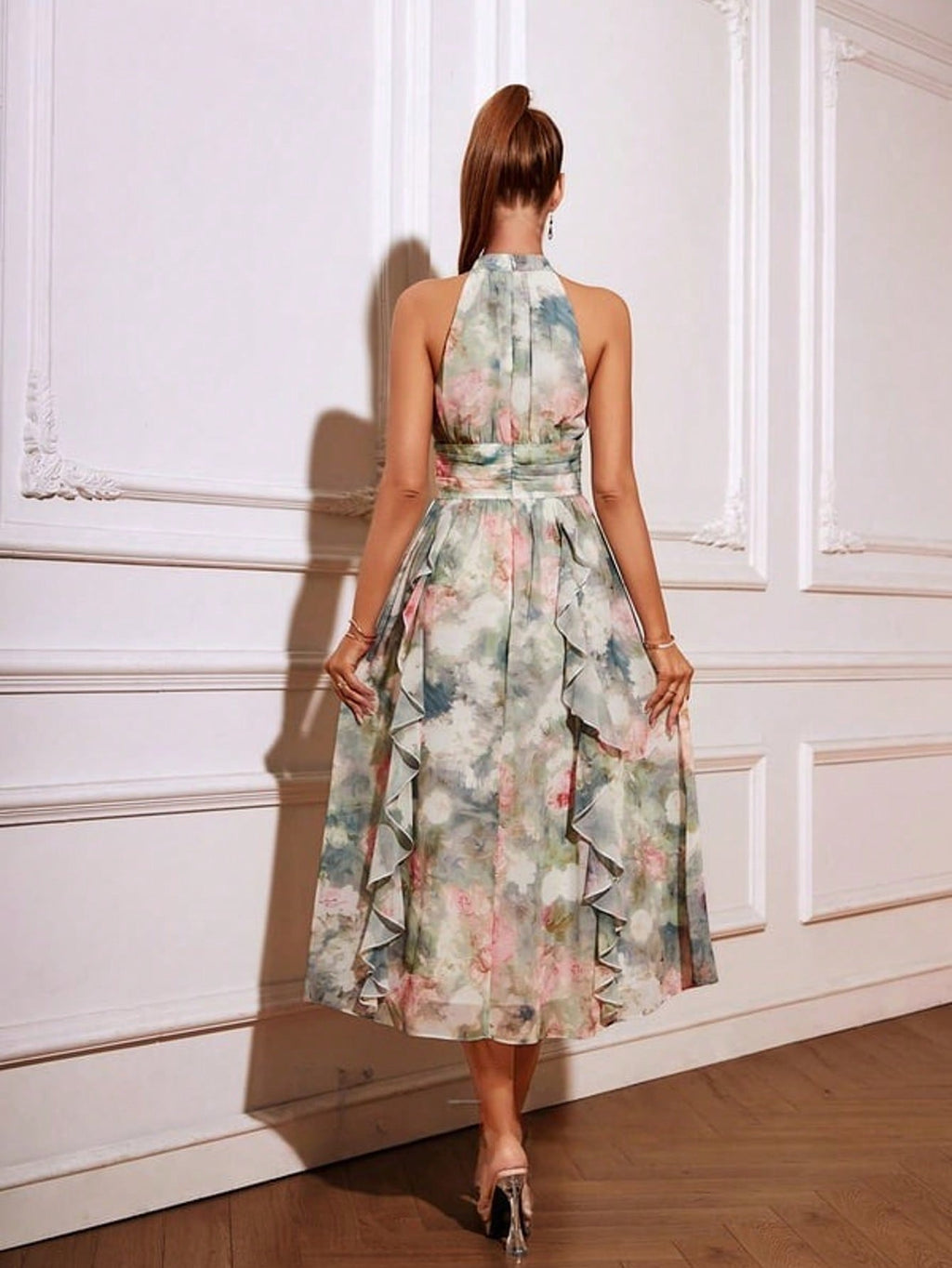 A-Line Halter Tea-Length Chiffon Cocktail Dress With Floral Print Ruffle