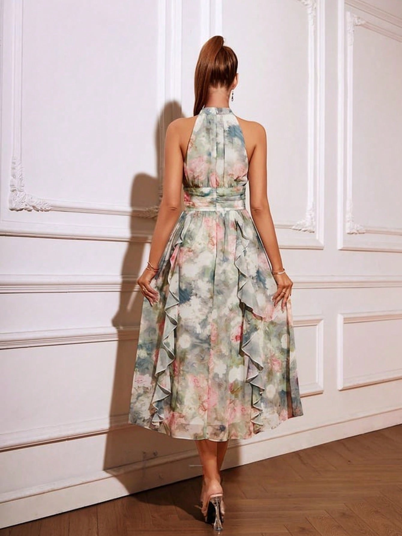 A-Line Halter Tea-Length Chiffon Cocktail Dress With Floral Print Ruffle