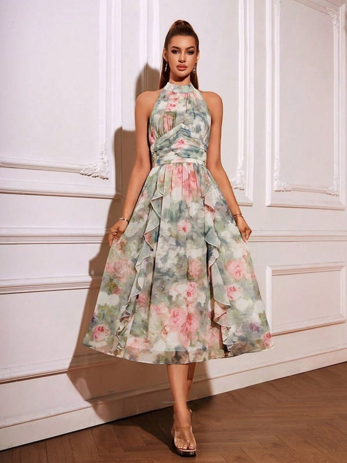 A-Line Halter Tea-Length Chiffon Cocktail Dress With Floral Print Ruffle