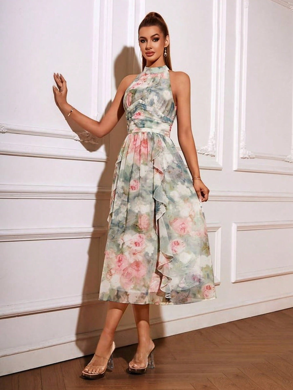 A-Line Halter Tea-Length Chiffon Cocktail Dress With Floral Print Ruffle