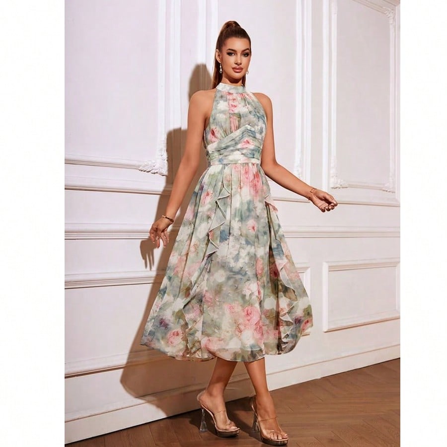 A-Line Halter Tea-Length Chiffon Cocktail Dress With Floral Print Ruffle