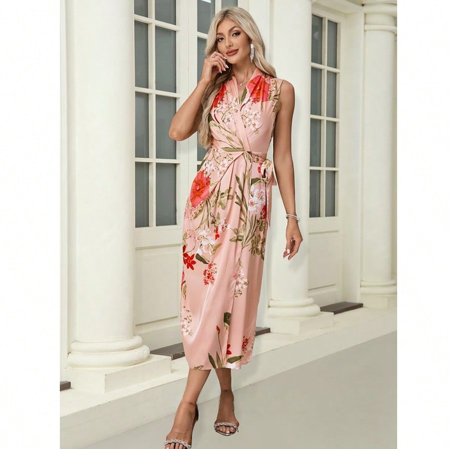 Floral Print V-Neck Sheath/Column Satin Midi Dress