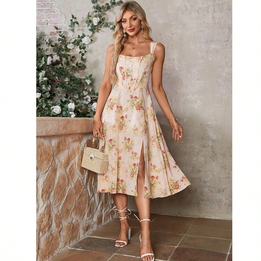 Floral Print Square A-Line Printed Fabric Midi Dress