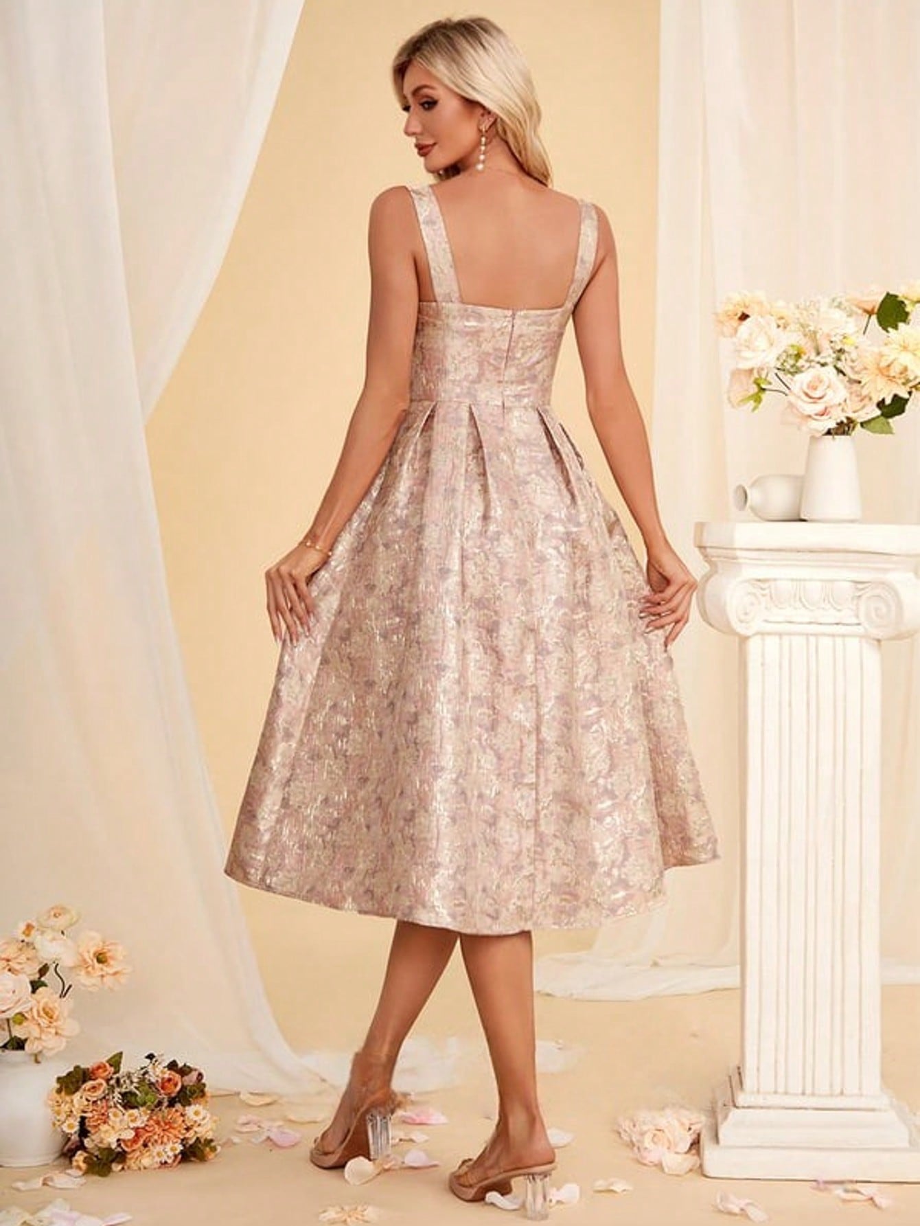 Sweetheart Sleeveless A-Line Jacquard Midi Dress