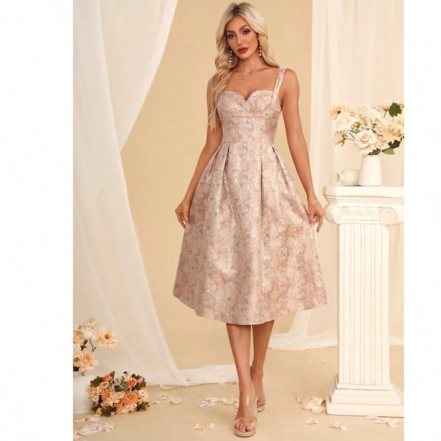 Sweetheart Sleeveless A-Line Jacquard Midi Dress