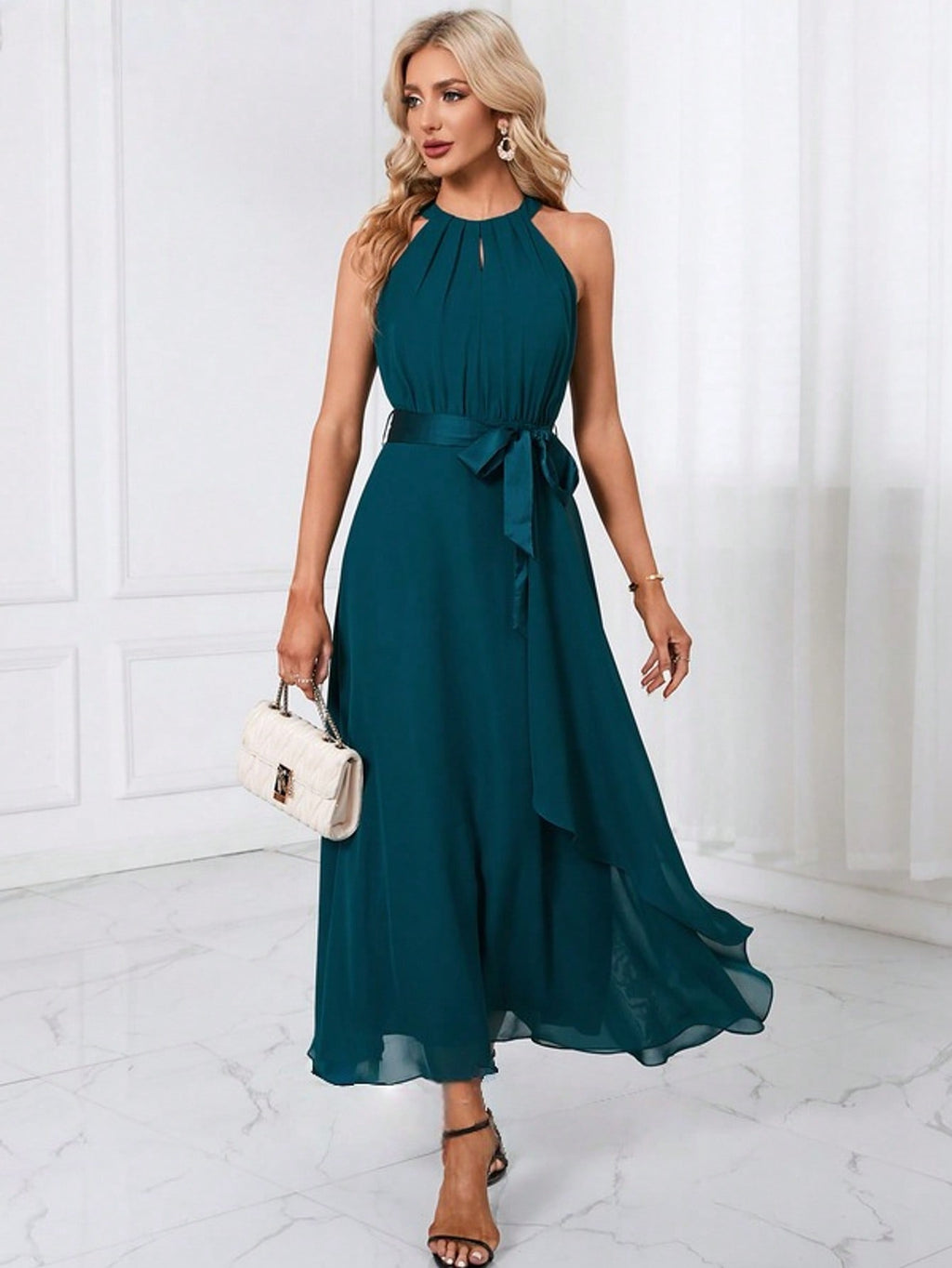 Cascading Ruffles Halter A-Line Chiffon Maxi Dress
