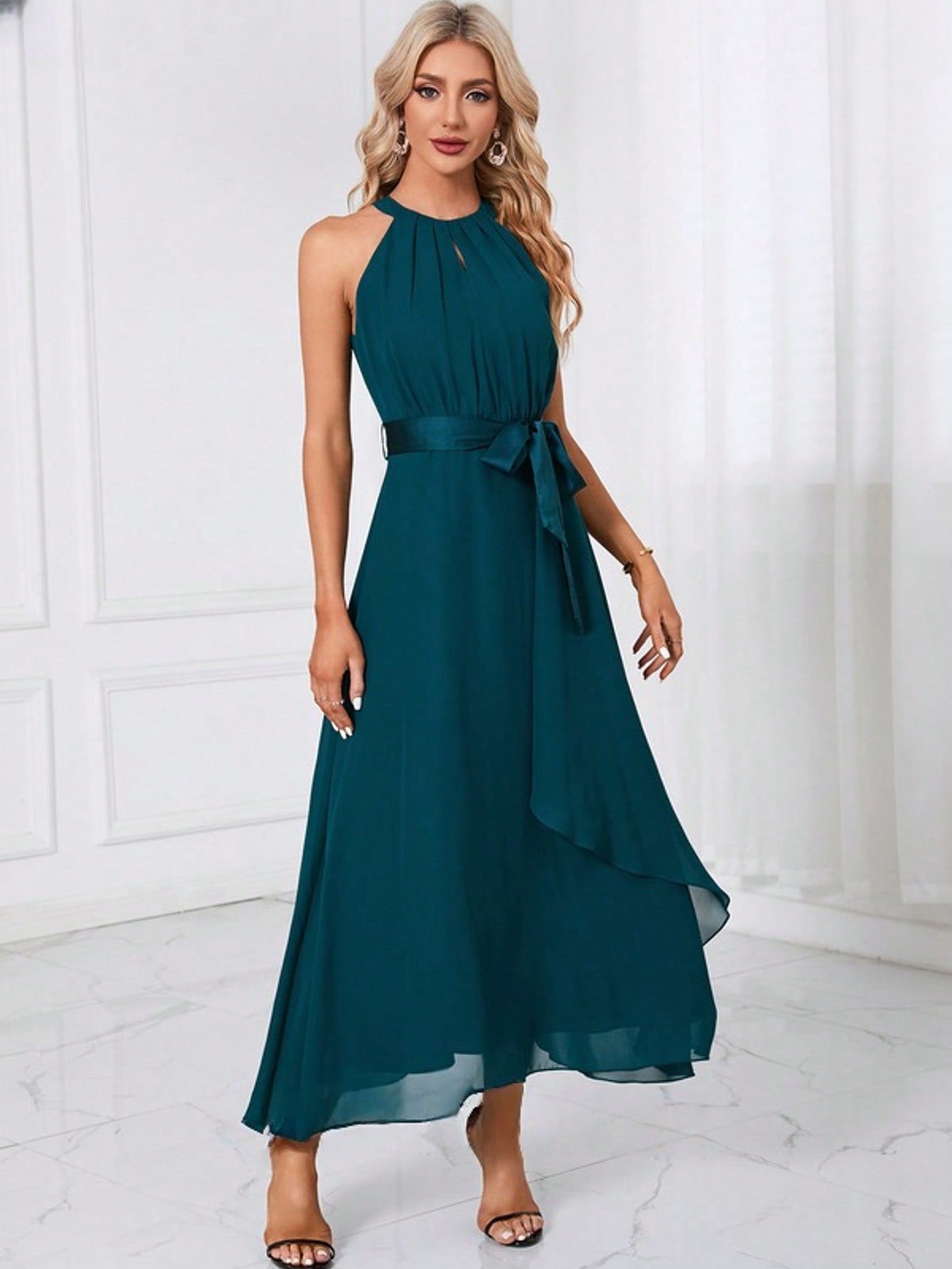 Cascading Ruffles Halter A-Line Chiffon Maxi Dress