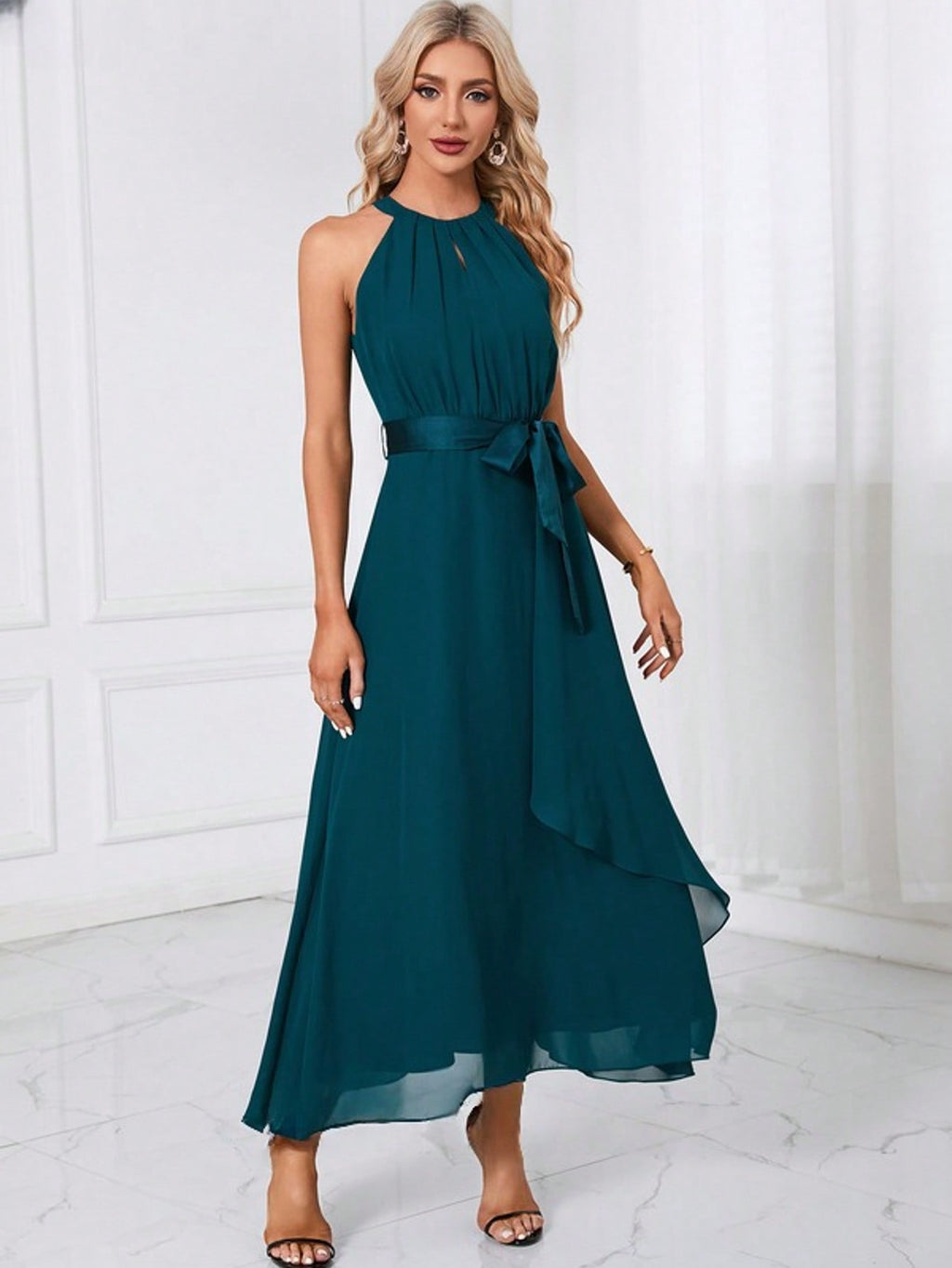 Cascading Ruffles Halter A-Line Chiffon Maxi Dress