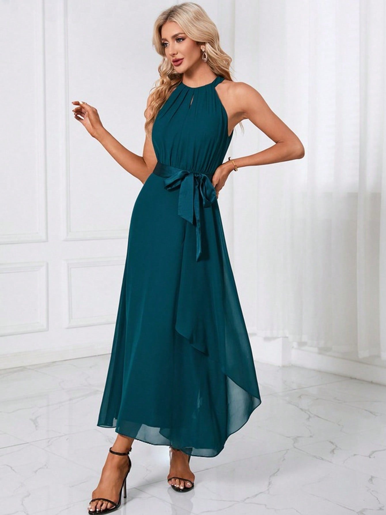 Cascading Ruffles Halter A-Line Chiffon Maxi Dress