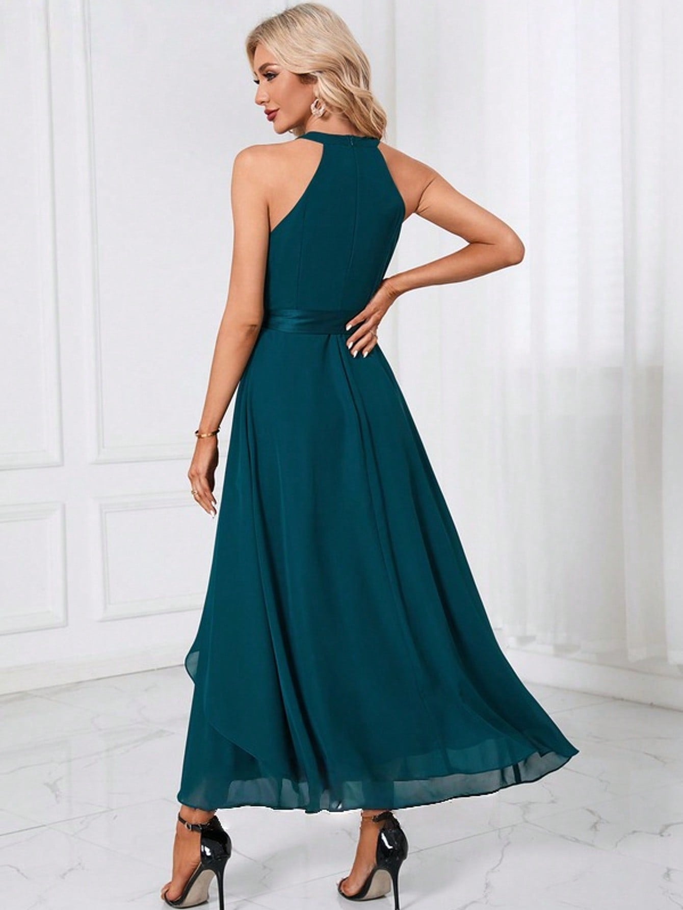 Cascading Ruffles Halter A-Line Chiffon Maxi Dress
