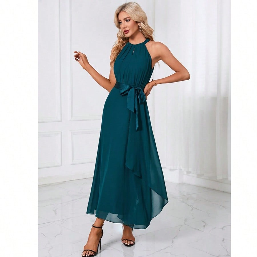 Cascading Ruffles Halter A-Line Chiffon Maxi Dress