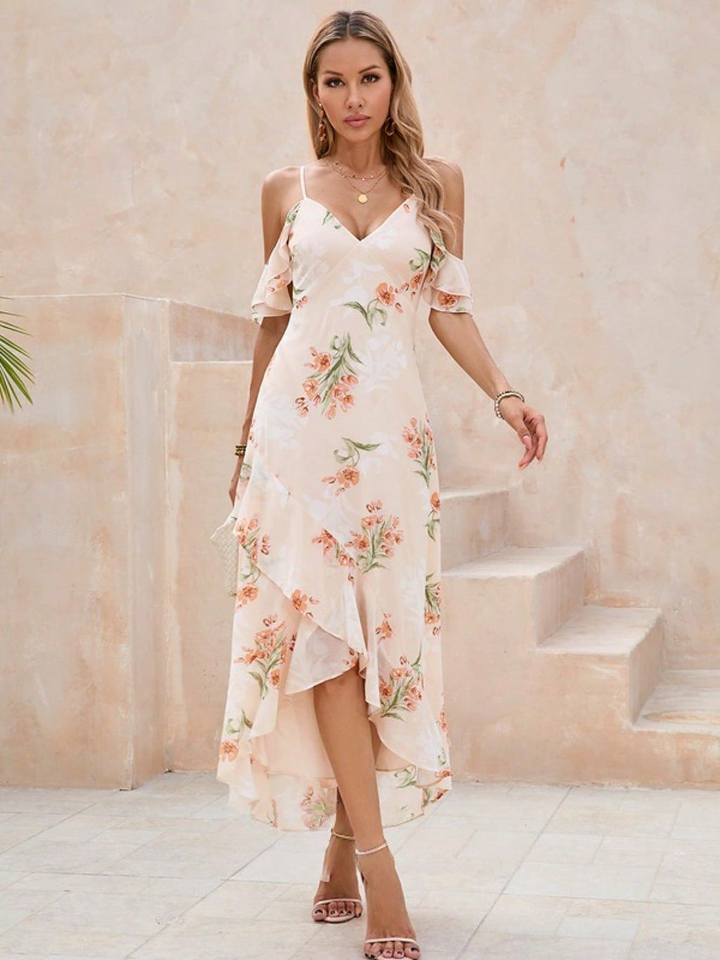 Ruffle Floral Print V-Neck A-Line Chiffon Asymmetrical Maxi Dress