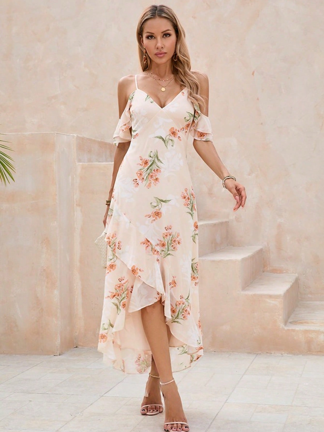 Ruffle Floral Print V-Neck A-Line Chiffon Asymmetrical Maxi Dress