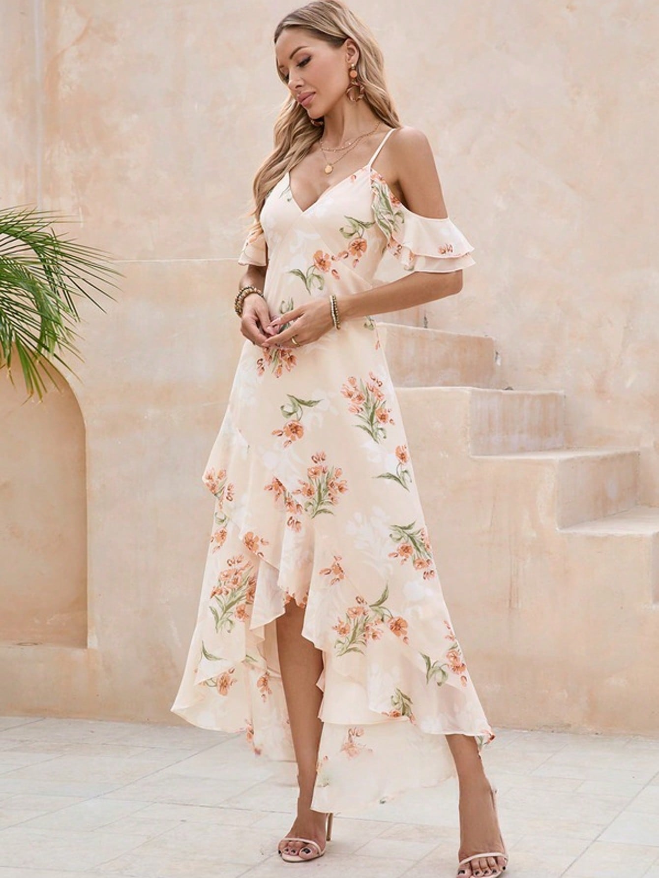 Ruffle Floral Print V-Neck A-Line Chiffon Asymmetrical Maxi Dress