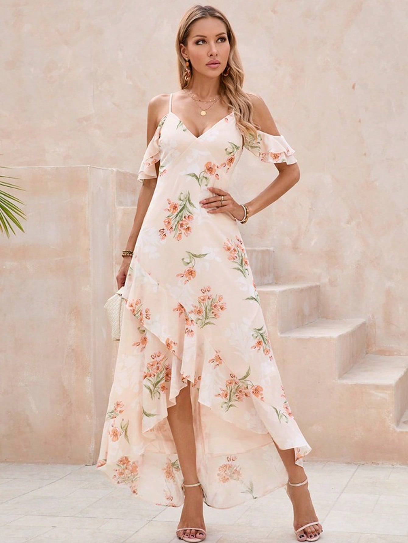 Ruffle Floral Print V-Neck A-Line Chiffon Asymmetrical Maxi Dress