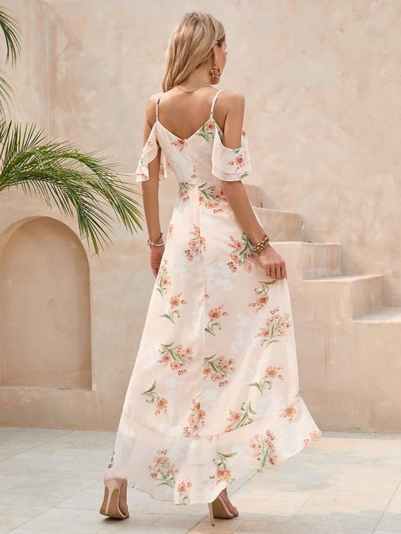 Ruffle Floral Print V-Neck A-Line Chiffon Asymmetrical Maxi Dress