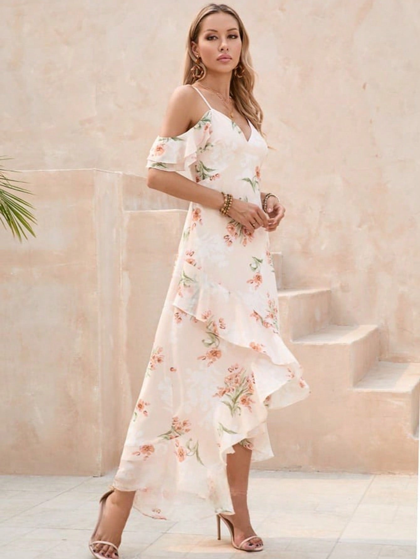 Ruffle Floral Print V-Neck A-Line Chiffon Asymmetrical Maxi Dress