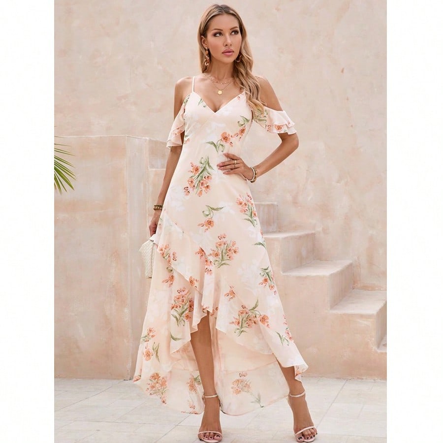Ruffle Floral Print V-Neck A-Line Chiffon Asymmetrical Maxi Dress