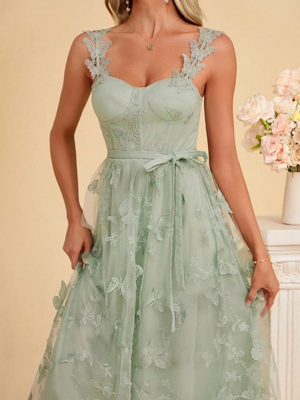 Embroidered Sweetheart A-Line Lace Midi Dress