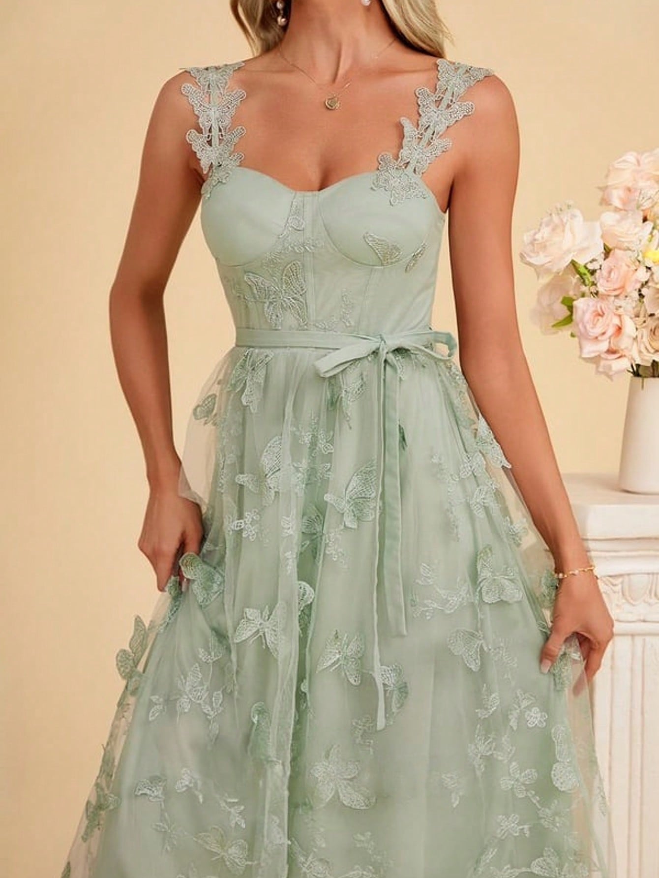 Embroidered Sweetheart A-Line Lace Midi Dress