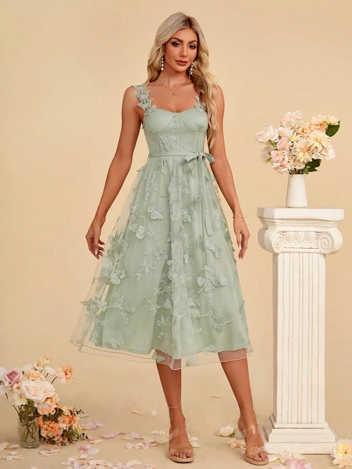 Embroidered Sweetheart A-Line Lace Midi Dress