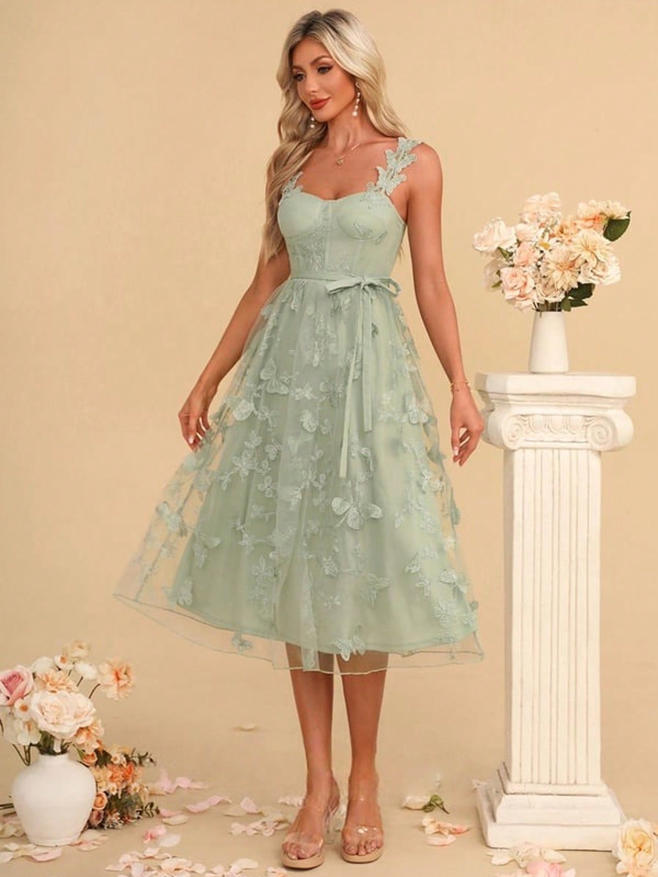 Embroidered Sweetheart A-Line Lace Midi Dress
