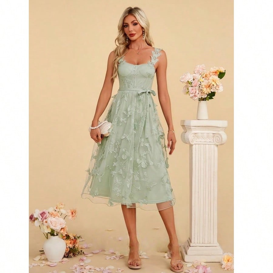 Embroidered Sweetheart A-Line Lace Midi Dress
