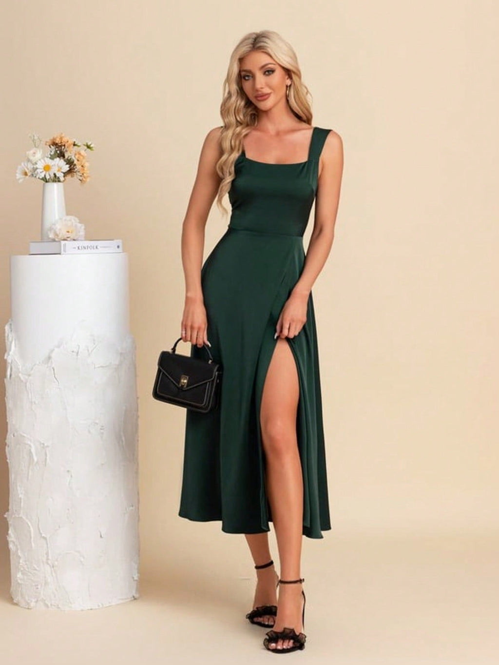 Square A-Line Satin Midi Dress