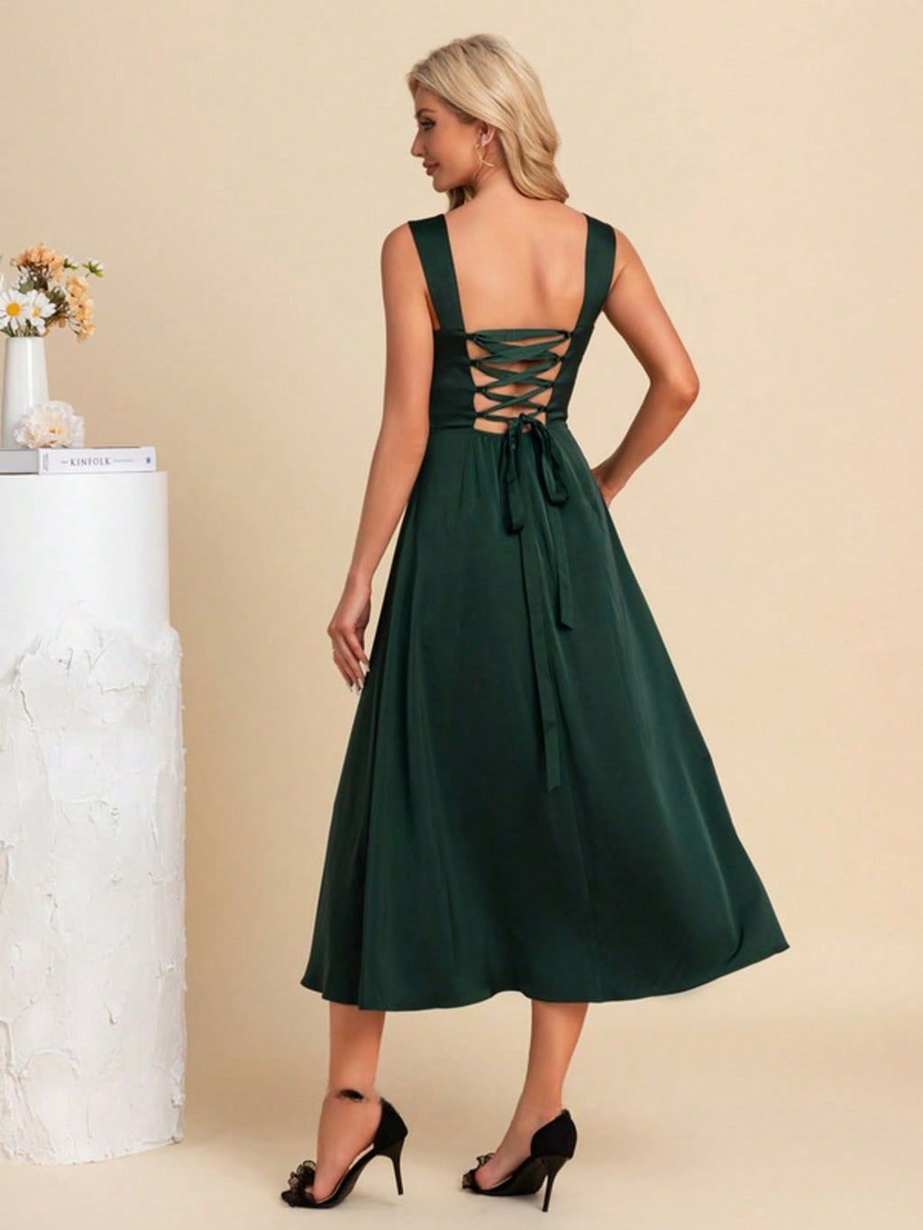 Square A-Line Satin Midi Dress