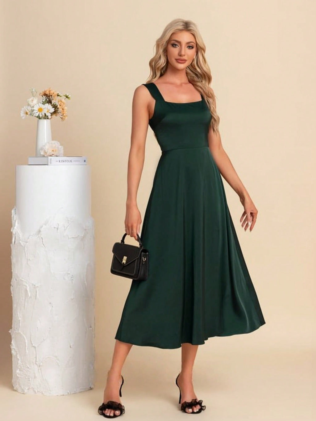 Square A-Line Satin Midi Dress