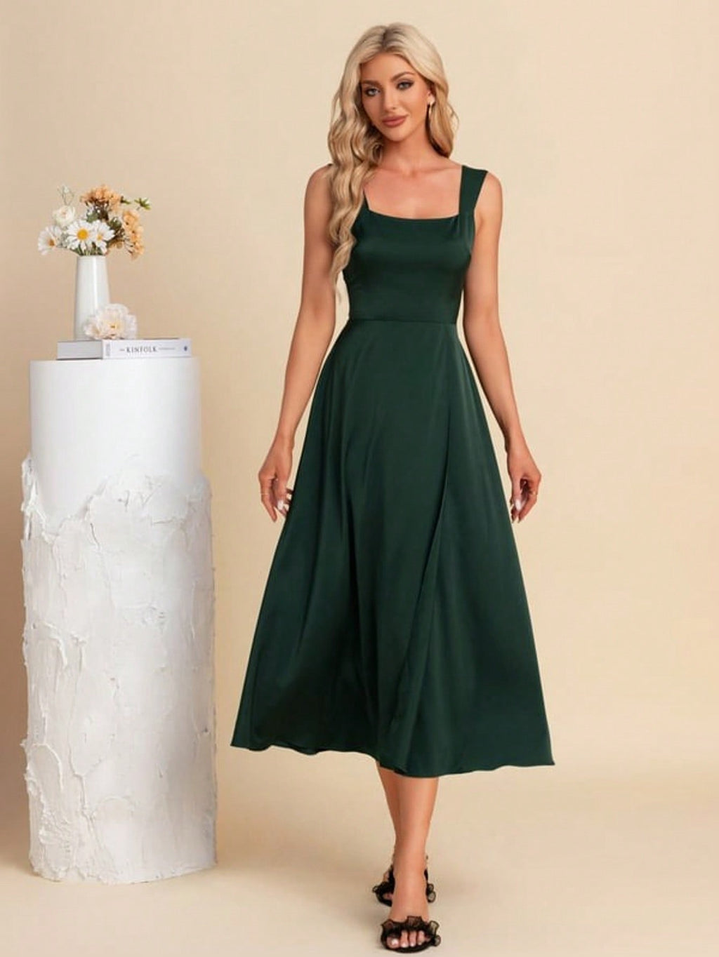 Square A-Line Satin Midi Dress