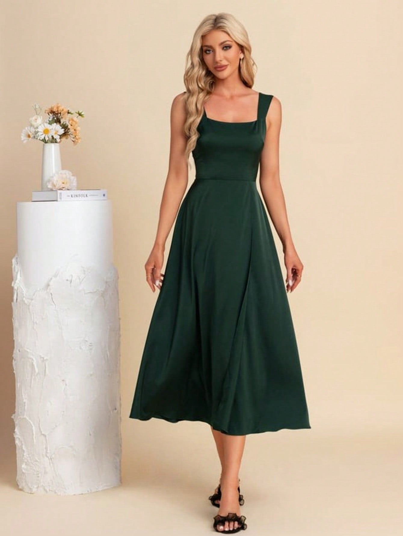 Square A-Line Satin Midi Dress