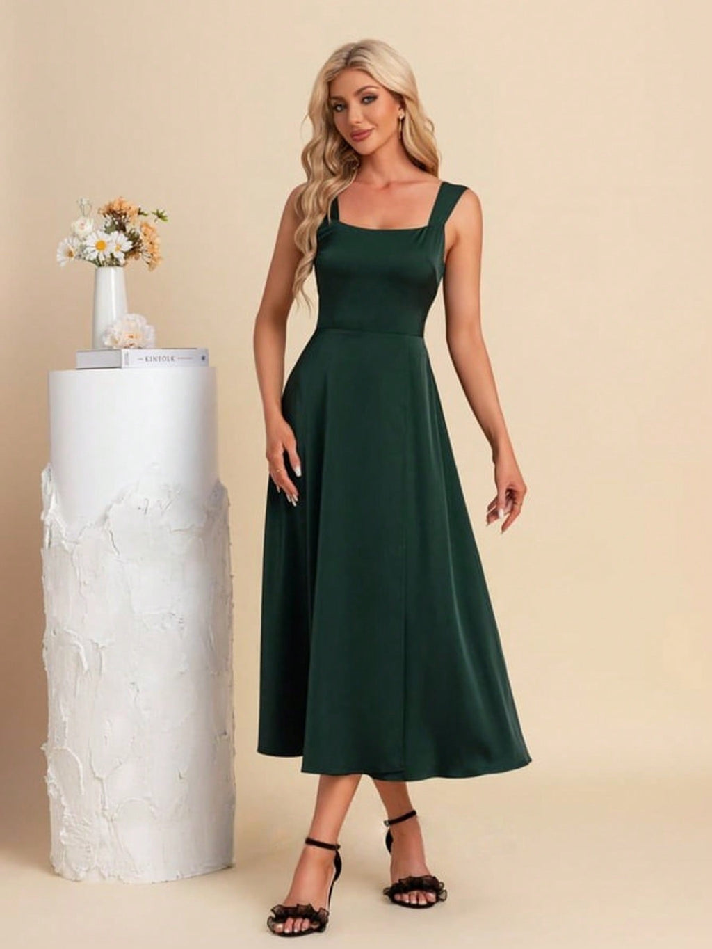 Square A-Line Satin Midi Dress
