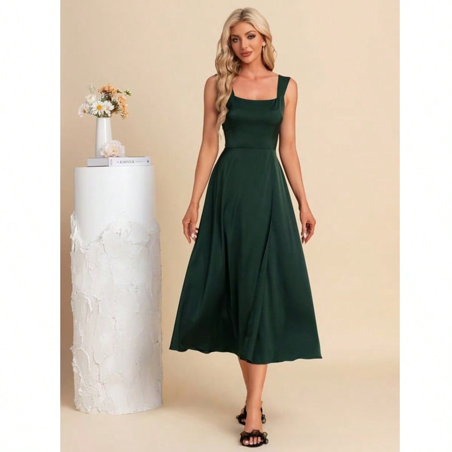 Square A-Line Satin Midi Dress