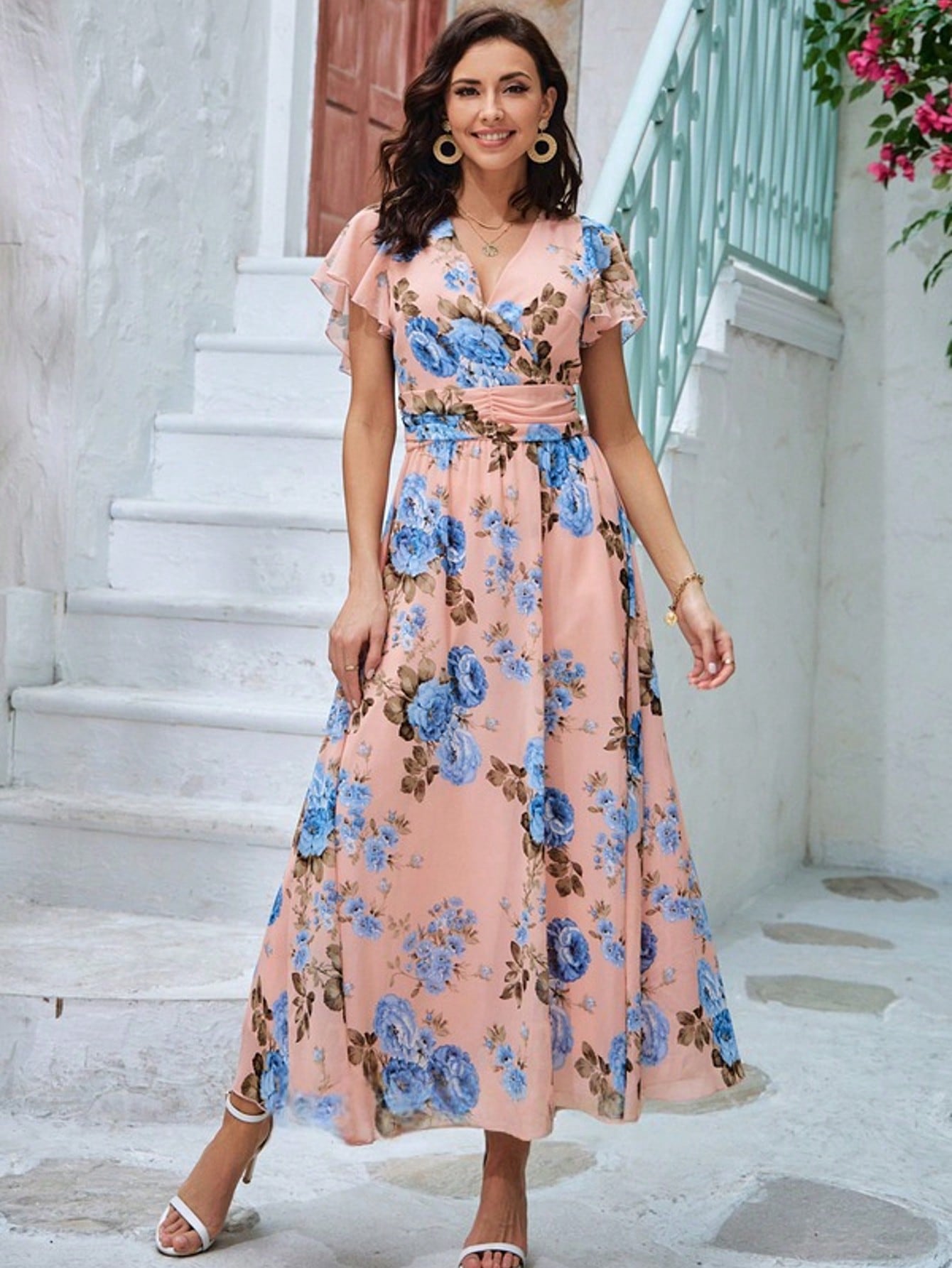 Floral Print V-Neck A-Line Chiffon Maxi Dress