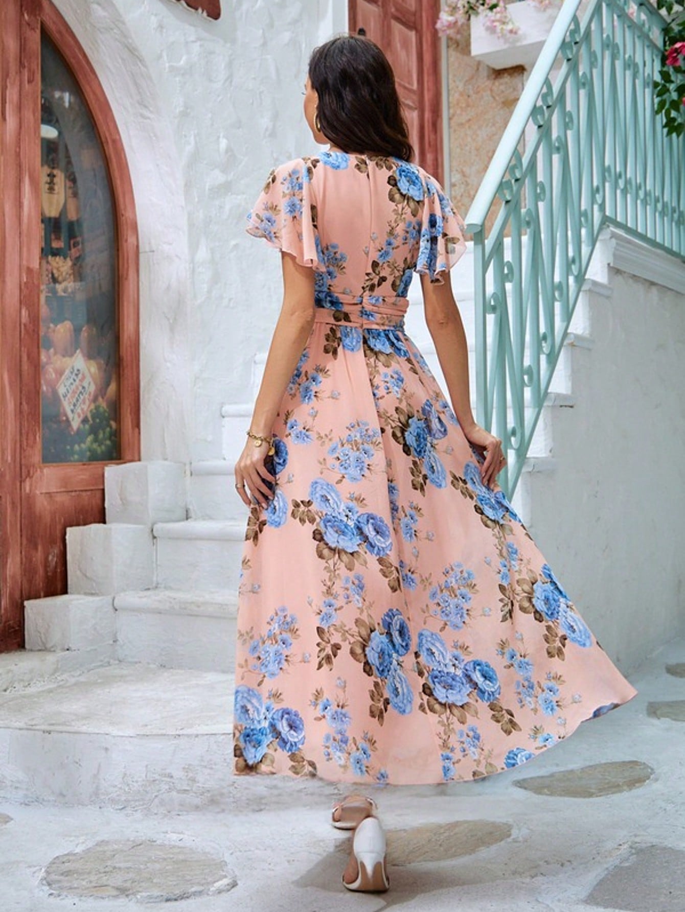 Floral Print V-Neck A-Line Chiffon Maxi Dress