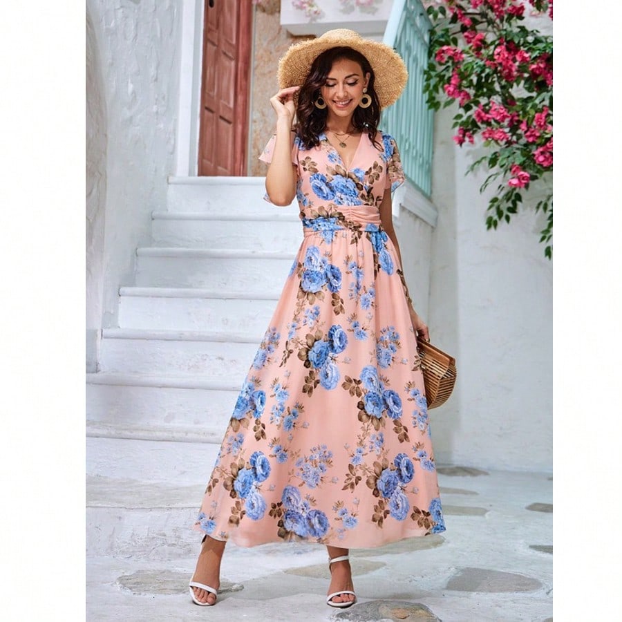 Floral Print V-Neck A-Line Chiffon Maxi Dress