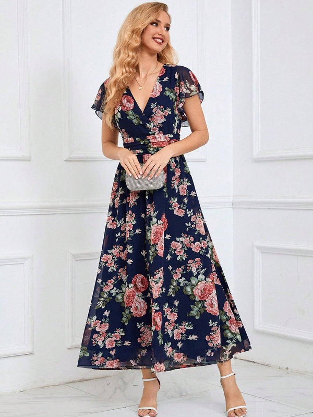 Floral Print V-Neck A-Line Chiffon Maxi Dress