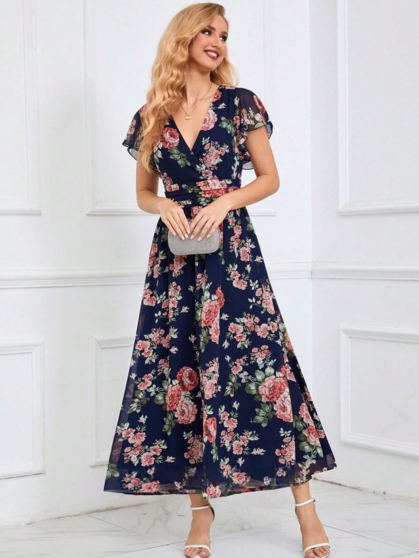 Floral Print V-Neck A-Line Chiffon Maxi Dress