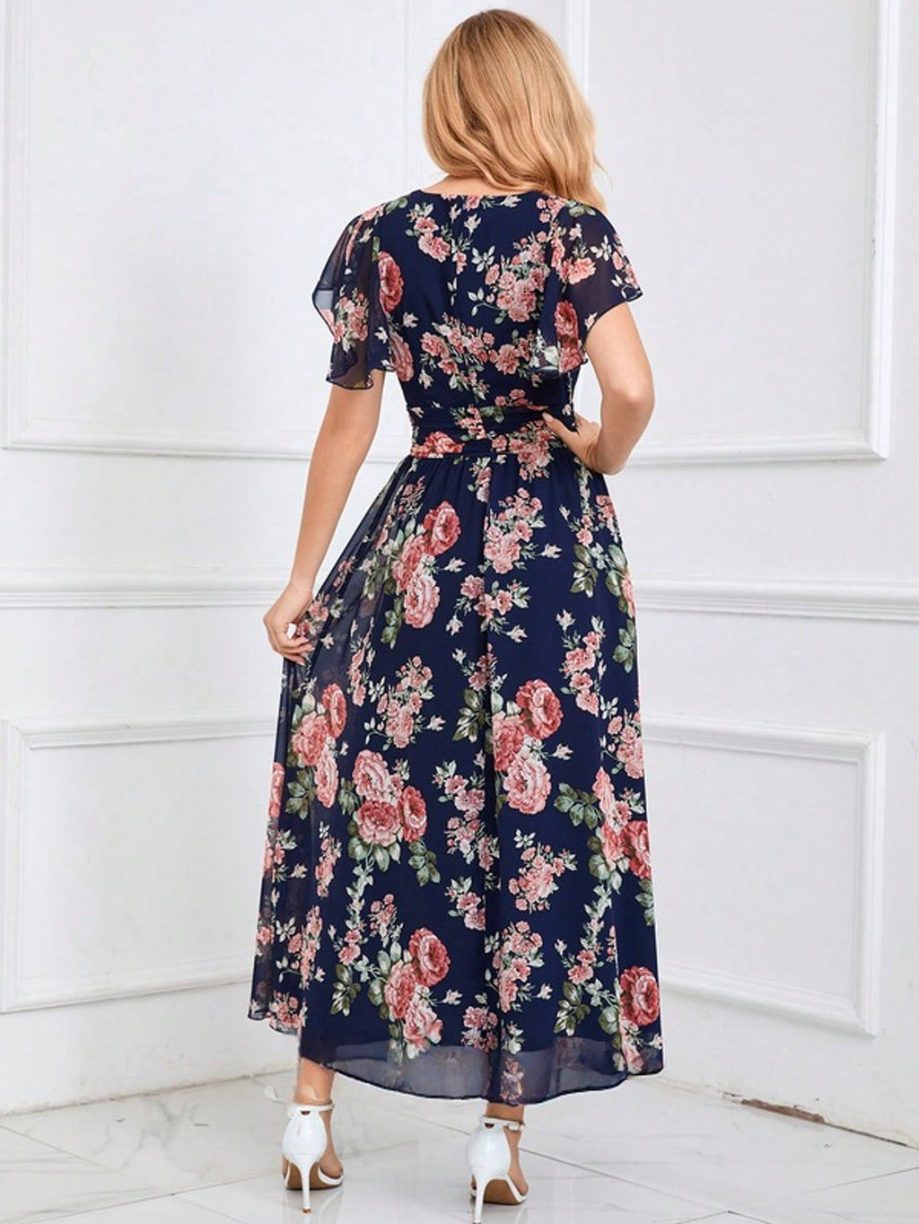 Floral Print V-Neck A-Line Chiffon Maxi Dress