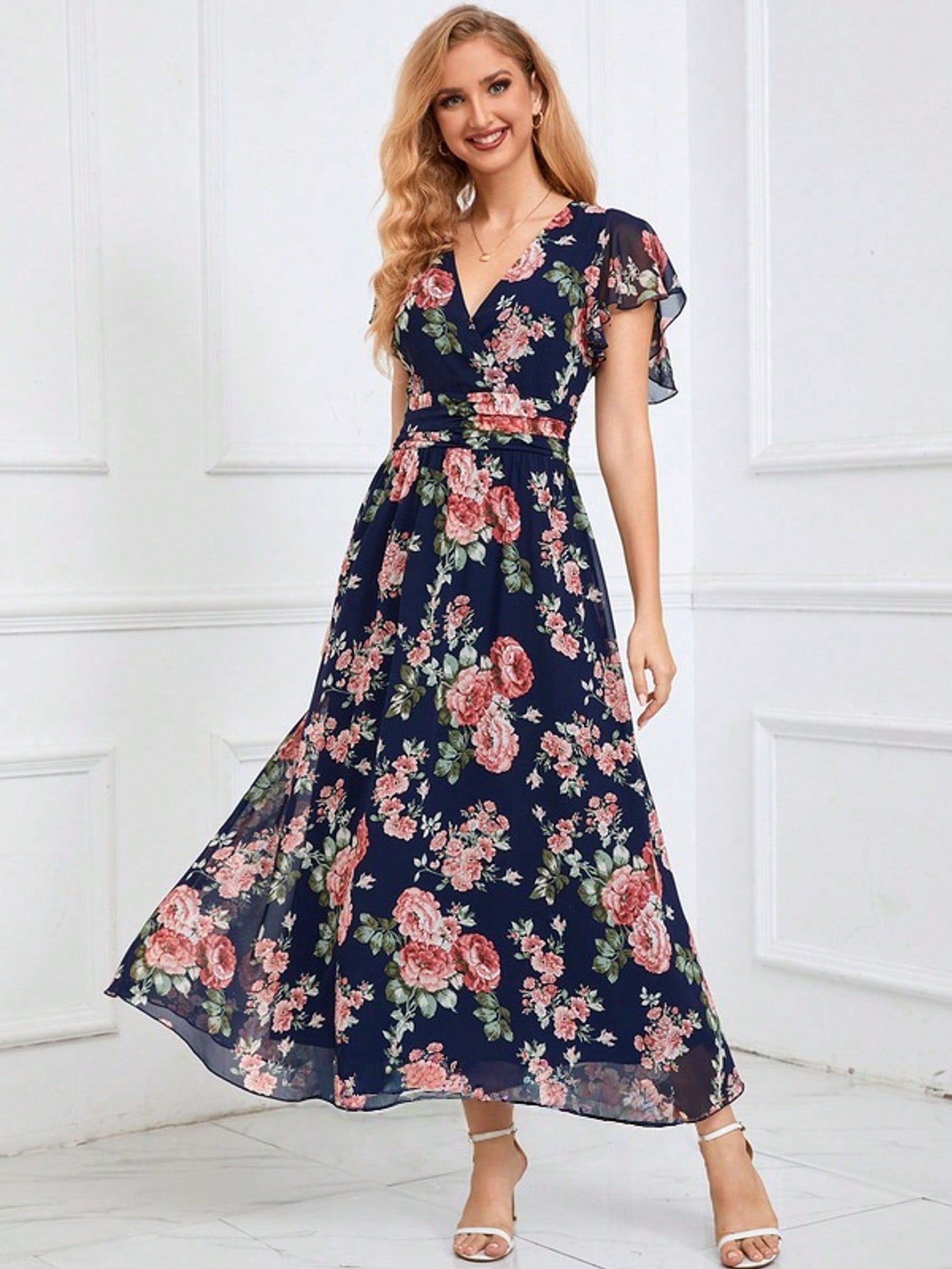 Floral Print V-Neck A-Line Chiffon Maxi Dress