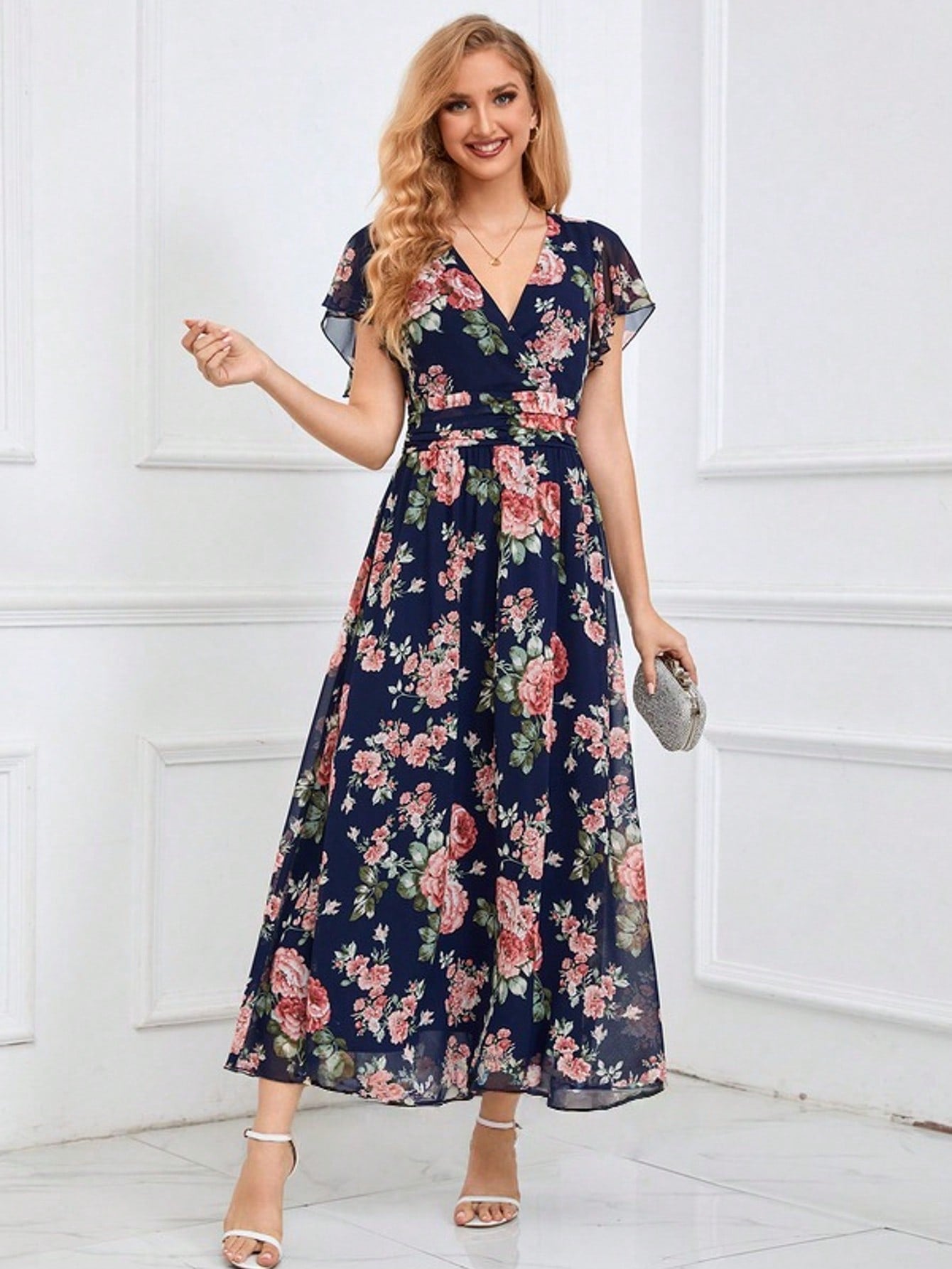 Floral Print V-Neck A-Line Chiffon Maxi Dress