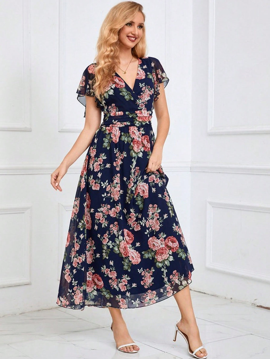Floral Print V-Neck A-Line Chiffon Maxi Dress