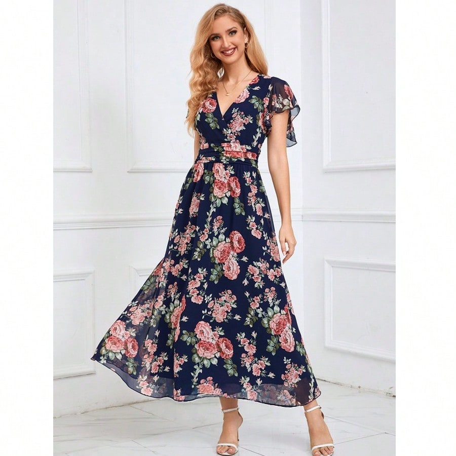 Floral Print V-Neck A-Line Chiffon Maxi Dress