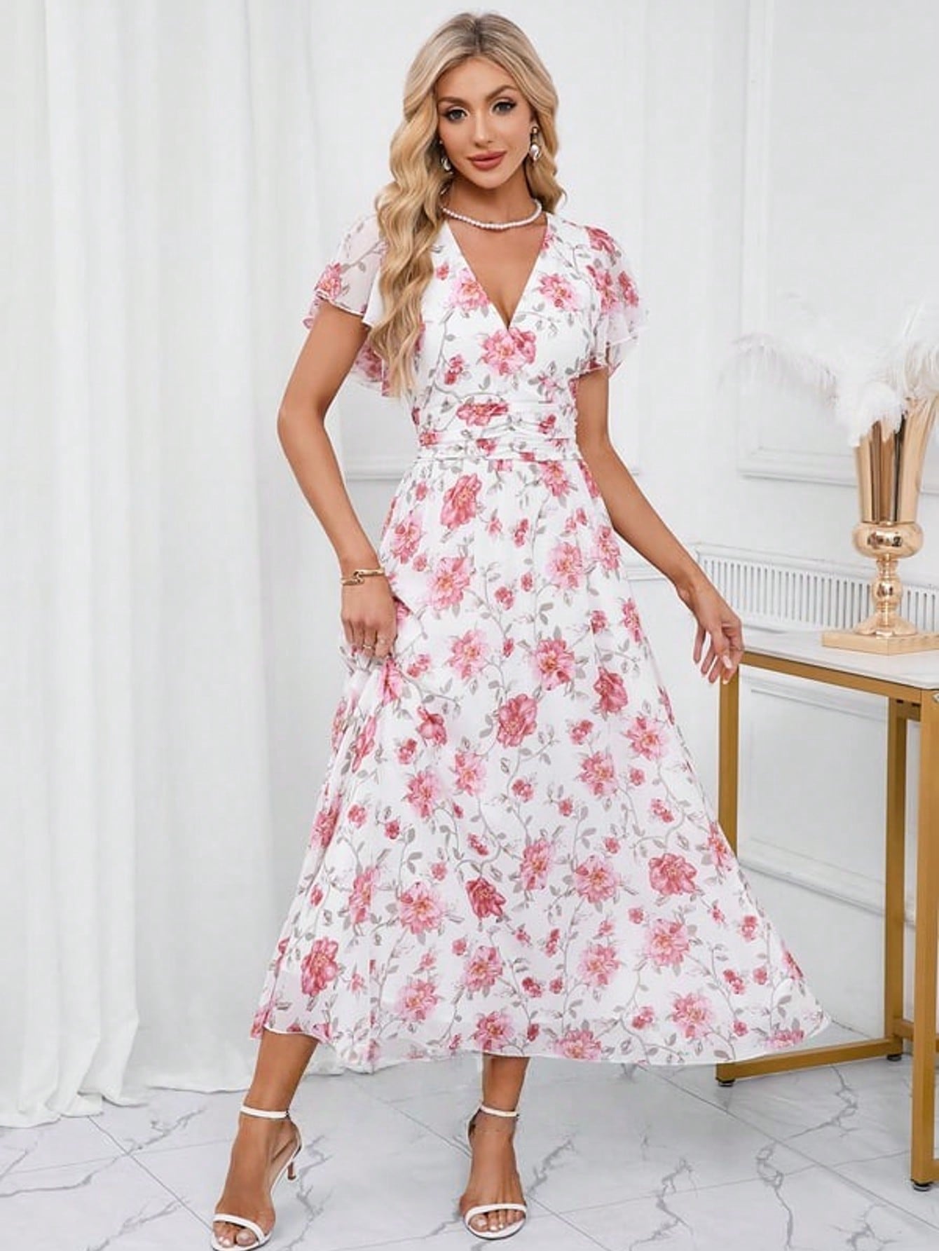 Floral Print V-Neck A-Line Chiffon Maxi Dress