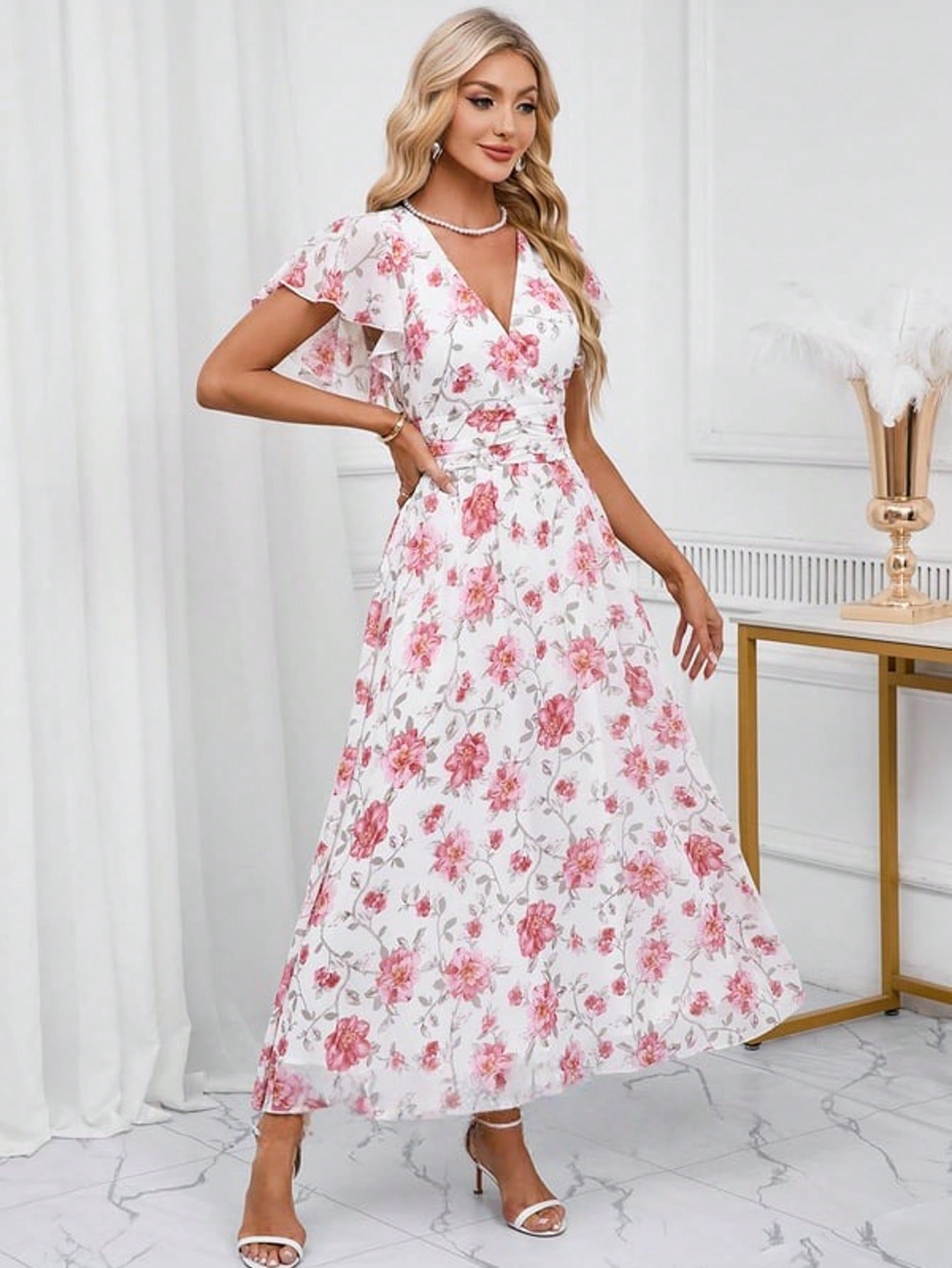 Floral Print V-Neck A-Line Chiffon Maxi Dress