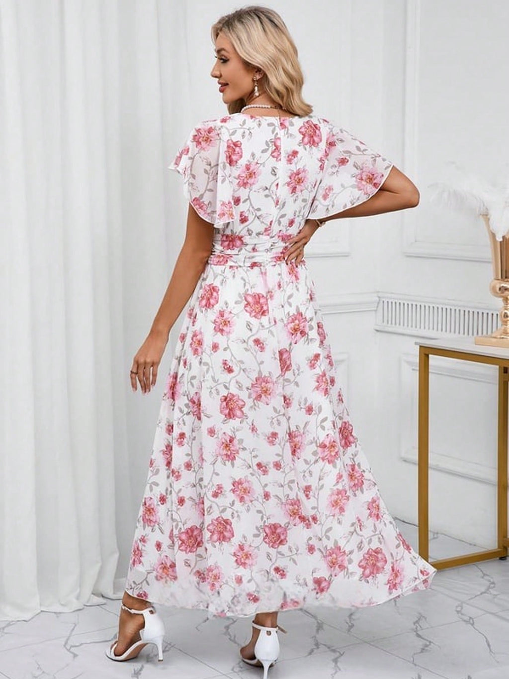 Floral Print V-Neck A-Line Chiffon Maxi Dress