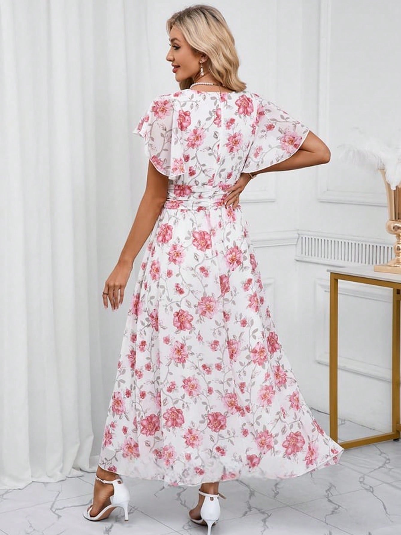 Floral Print V-Neck A-Line Chiffon Maxi Dress