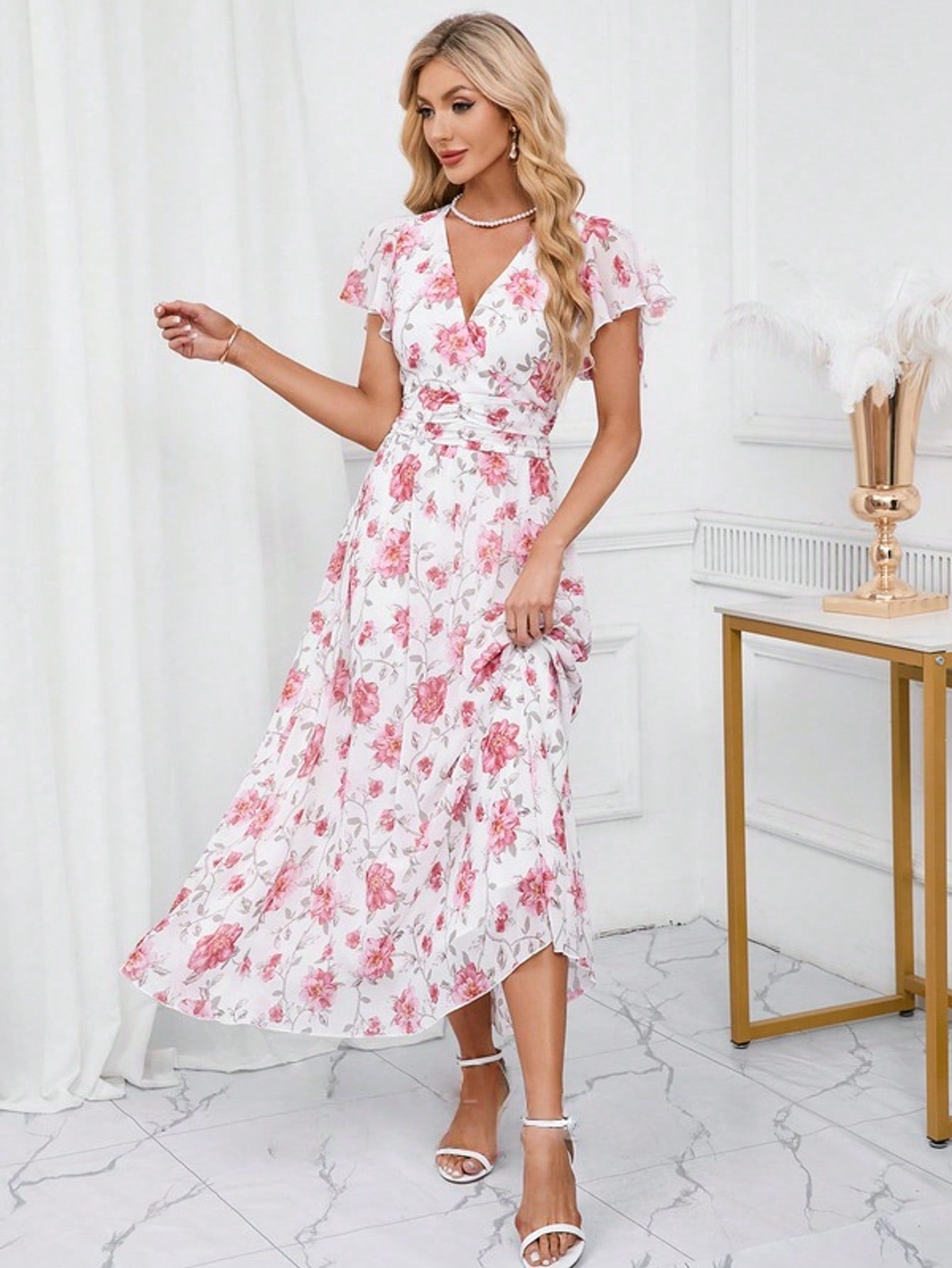 Floral Print V-Neck A-Line Chiffon Maxi Dress
